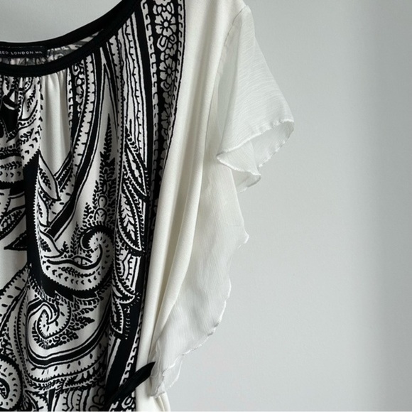 QED London Boho Tunic Top Dress White Black Paisley Flutter‎ Ruffle Sleeves - L - Picture 2 of 14